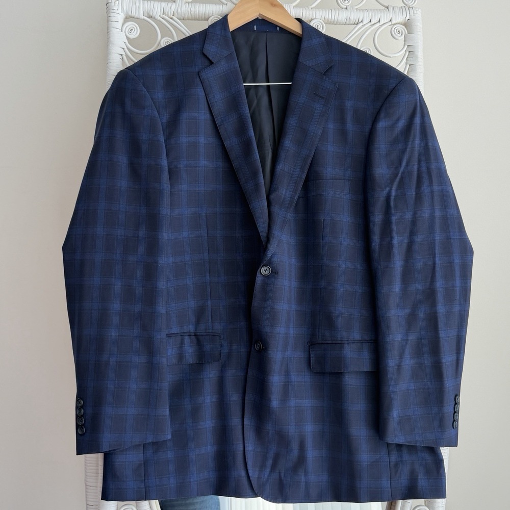 Paul Fredrick Blazer Mens 48R Blue Plaid Wool Check Sport Coat Preppy Jacket